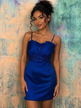 📌 Solar Royal Blue Mini Cocktail - Party - Semi Formal Dress with Rhinestones